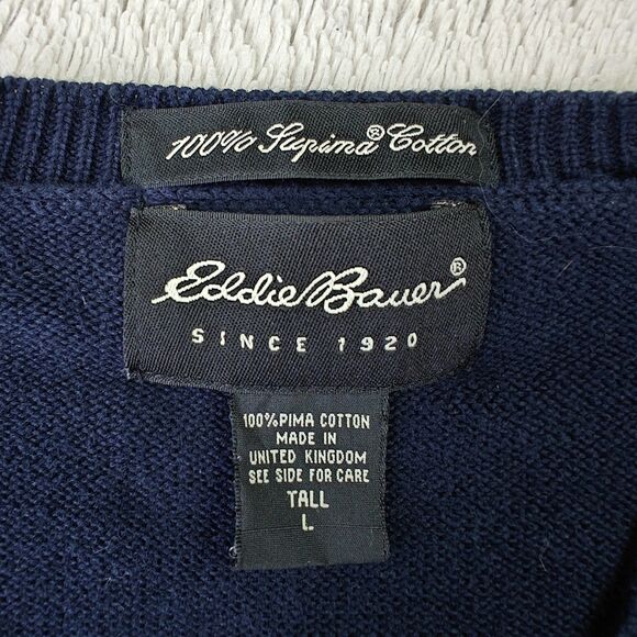 Eddie Bauer V-Neck Sweater Men's L Tall Blue 100% Supima Cotton Made in UK - Picture 2 of 4